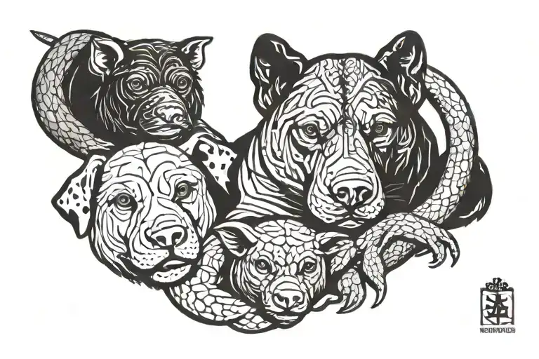 monkey, snake, pig, and rabbit mixed breed dog tattoo design idea