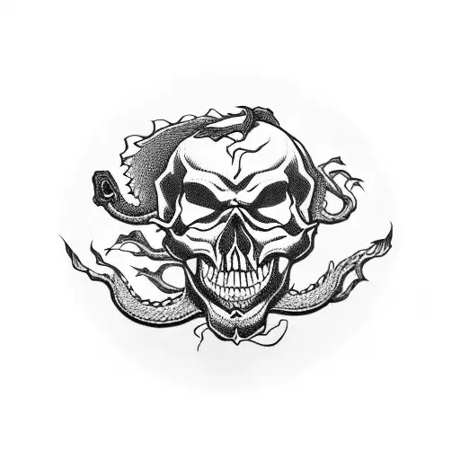 skull with a japanese dragon coming out of the mouth with a suminagashi back ground in the entire arm tattoo design idea