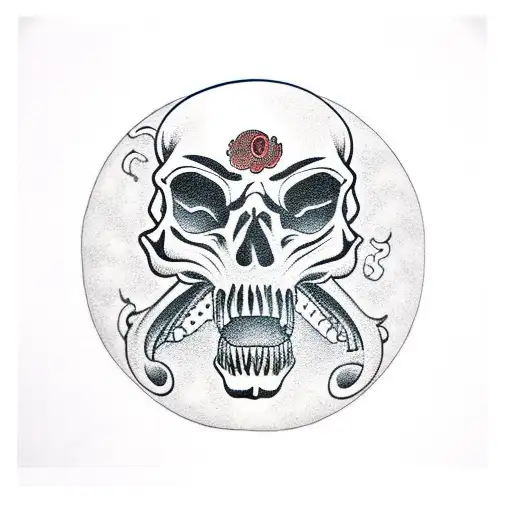 skull with a japanese dragon coming out of the mouth with a suminagashi background tattoo design idea