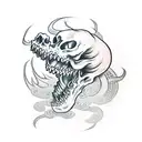 arm skull with a japanese dragon coming out of the mouth with a suminagashi background tattoo design idea