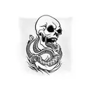 arm skull with a japanese dragon coming out of the mouth with a suminagashi background tattoo design idea