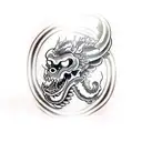 arm skull with a japanese dragon coming out of the mouth with a suminagashi background tattoo design idea