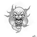 arm skull with a japanese dragon coming out of the mouth with a suminagashi background tattoo design idea