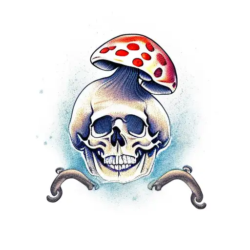a skull that has mushrooms coming out of it tattoo design idea
