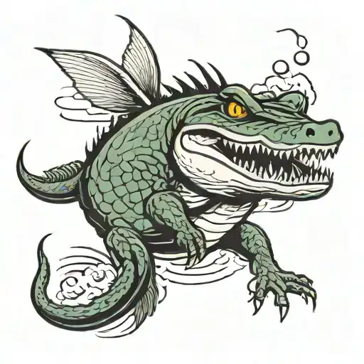 catfish swiming an alligator and cricket tattoo design idea