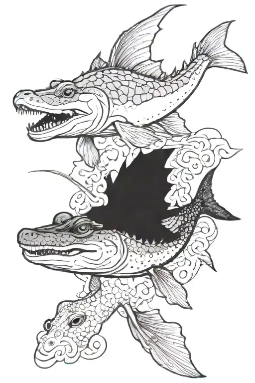 catfish swiming an alligator and cricket tattoo design idea