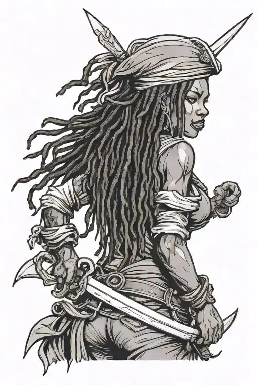black female pirate with dreads and sword tattoo design idea