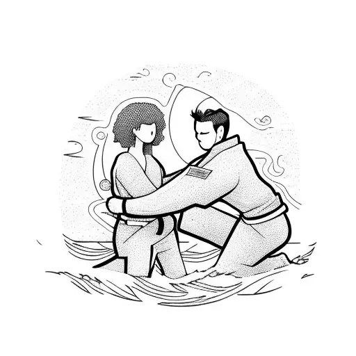 A mother and son practicing jiu-jitsu on a beach with ocean waves in the background tattoo design idea