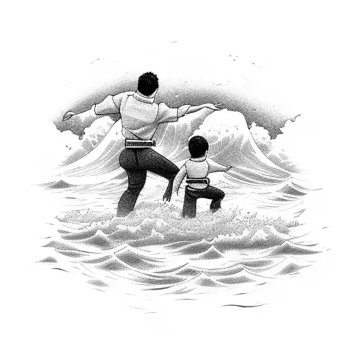 A mother and son practicing jiu-jitsu on a beach with ocean waves in the background tattoo design idea