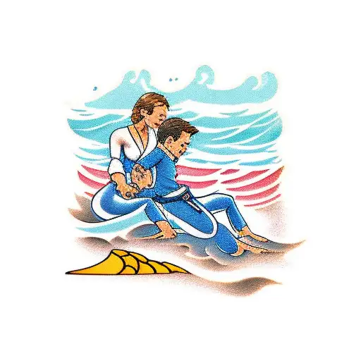 A mother and son practicing jiu-jitsu on a beach with ocean waves in the background tattoo design idea