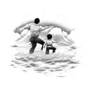 A mother and son practicing jiu-jitsu on a beach with ocean waves in the background tattoo design idea