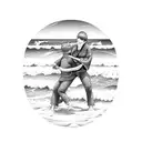 A mother and son practicing jiu-jitsu on a beach with ocean waves in the background tattoo design idea