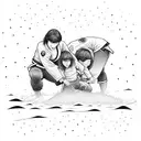 A mother and son practicing jiu-jitsu on a beach with ocean waves in the background tattoo design idea