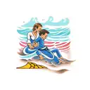 A mother and son practicing jiu-jitsu on a beach with ocean waves in the background tattoo design idea