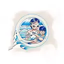 A mother and son practicing jiu-jitsu on a beach with ocean waves in the background tattoo design idea