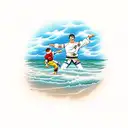 A mother and son practicing jiu-jitsu on a beach with ocean waves in the background tattoo design idea