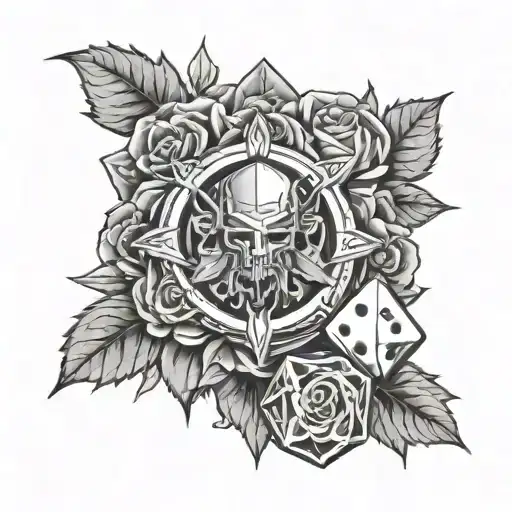 Witcher medallion with roses behind and d&D dice set tattoo design idea