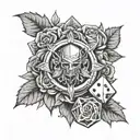 Witcher medallion with roses behind and d&D dice set tattoo design idea
