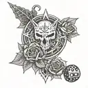 Witcher medallion with roses behind and d&D dice set tattoo design idea