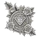Witcher medallion with roses behind and d&D dice set tattoo design idea