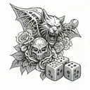 Witcher medallion with roses behind and d&D dice set tattoo design idea