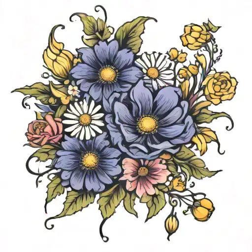 marigolds, cosmos, daisies, sweet peas, roses, honeysuckles, lilies, hawthorns, asters, morning glories tattoo design idea