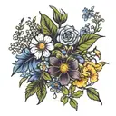marigolds, cosmos, daisies, sweet peas, roses, honeysuckles, lilies, hawthorns, asters, morning glories tattoo design idea