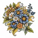 marigolds, cosmos, daisies, sweet peas, roses, honeysuckles, lilies, hawthorns, asters, morning glories tattoo design idea