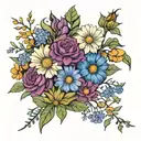 marigolds, cosmos, daisies, sweet peas, roses, honeysuckles, lilies, hawthorns, asters, morning glories tattoo design idea