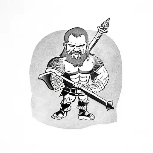 barbarian dwarf with armour and a big hammer. tattoo design idea