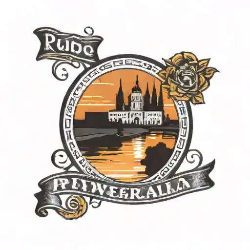 sunset over the city of Pueblo Colorado with the riverwalk that runs through the middle of town and city hall in the bac tattoo design idea