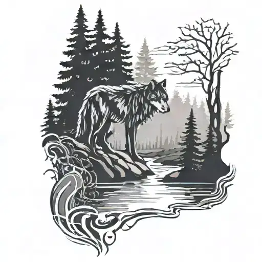 A serene river flowing through a forest with a wolf silhouette in the background tattoo design idea