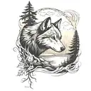 A serene river flowing through a forest with a wolf silhouette in the background tattoo design idea