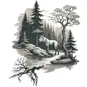 A serene river flowing through a forest with a wolf silhouette in the background tattoo design idea