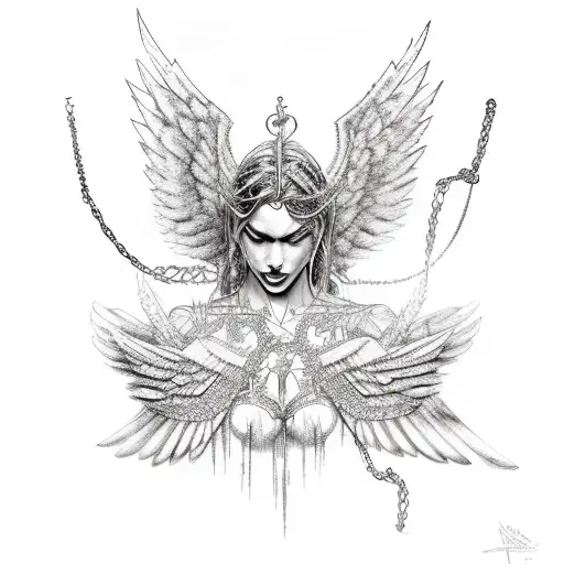 A dark angel with wings made of chains and spikes tattoo design idea