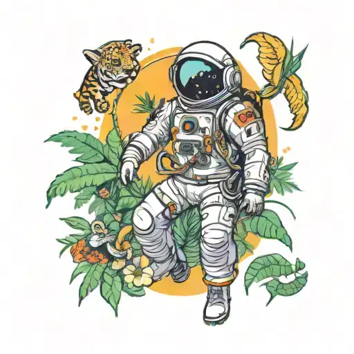 Space With Astronaut Suit in Jungle rainforest jaguar tattoo design idea