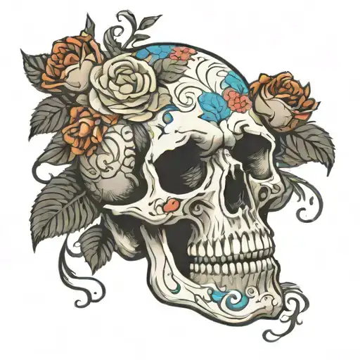 skull roses blooming tattoo design idea