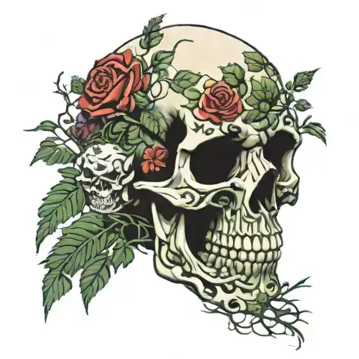 red roses and green  weeds growing out a skull tattoo design idea