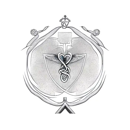 A sketch-style depiction of the medical symbol, the Caduceus, intertwined with biblical symbols like a dove and a crown tattoo design idea