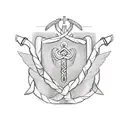 A sketch-style depiction of the medical symbol, the Caduceus, intertwined with biblical symbols like a dove and a crown tattoo design idea