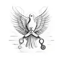 A sketch-style depiction of the medical symbol, the Caduceus, intertwined with biblical symbols like a dove and a crown tattoo design idea