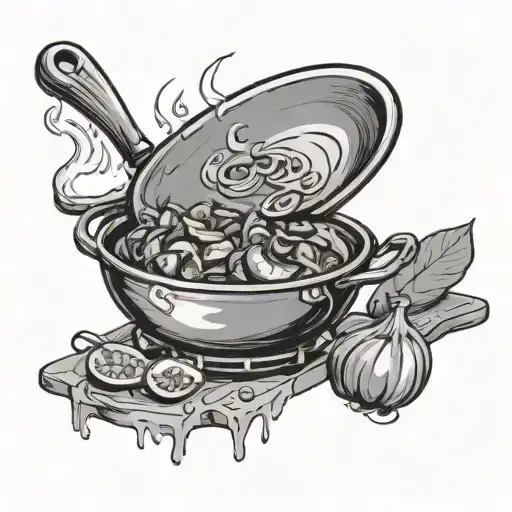Black and Grey A black and grey tattoo of a delicious dish being cooked in a kitchen. tattoo design idea