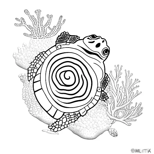 A minimalist tattoo of a sea turtle surrounded by colorful coral reefs tattoo design idea
