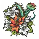 Venus fly trap, saguaro cactus, blue bonnet, Indian paintbrush flower, flame azalea flower tattoo design idea