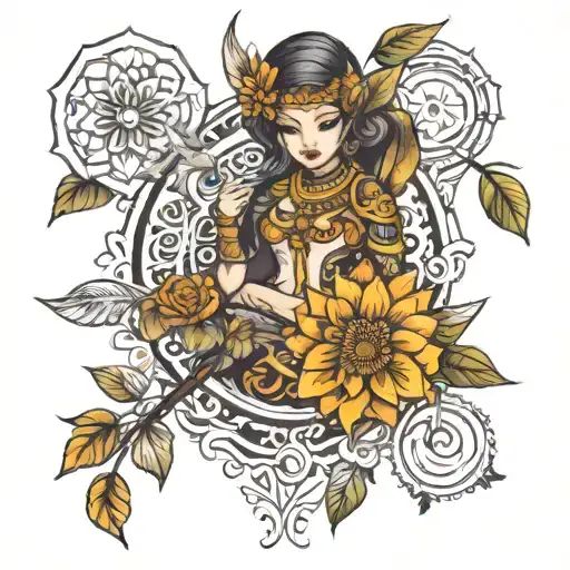 Create a tattoo design including mandala, filigree and a warrior in a garden at peace  tattoo design idea