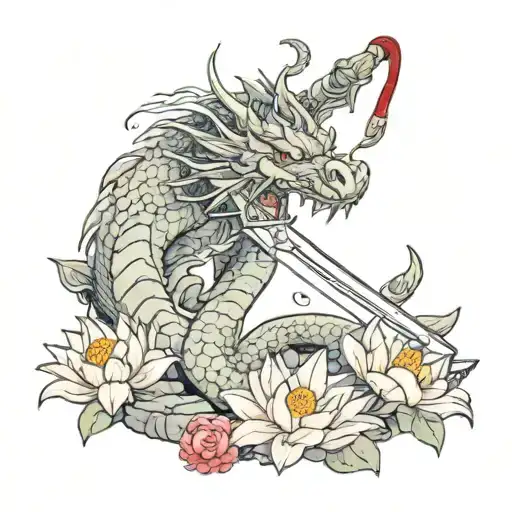 a dragon wrapped a sword. and red lotus flowers behind it tattoo design idea