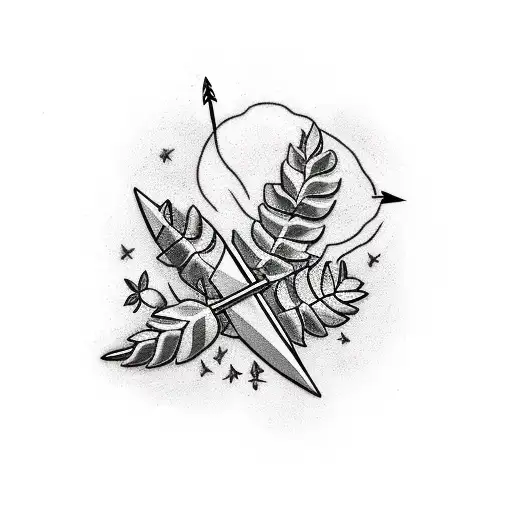 An arrow piercing through a guitar with leaves and flowers sprouting from the wound tattoo design idea