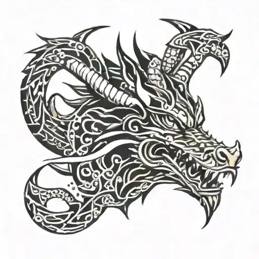 a black tattoo design of a dragon's face with samurai attributes tattoo design idea