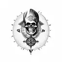pirate ship with compass, skull, map of Britain, gold coin tattoo design idea