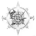 pirate ship with compass, skull, map of Britain, gold coin tattoo design idea